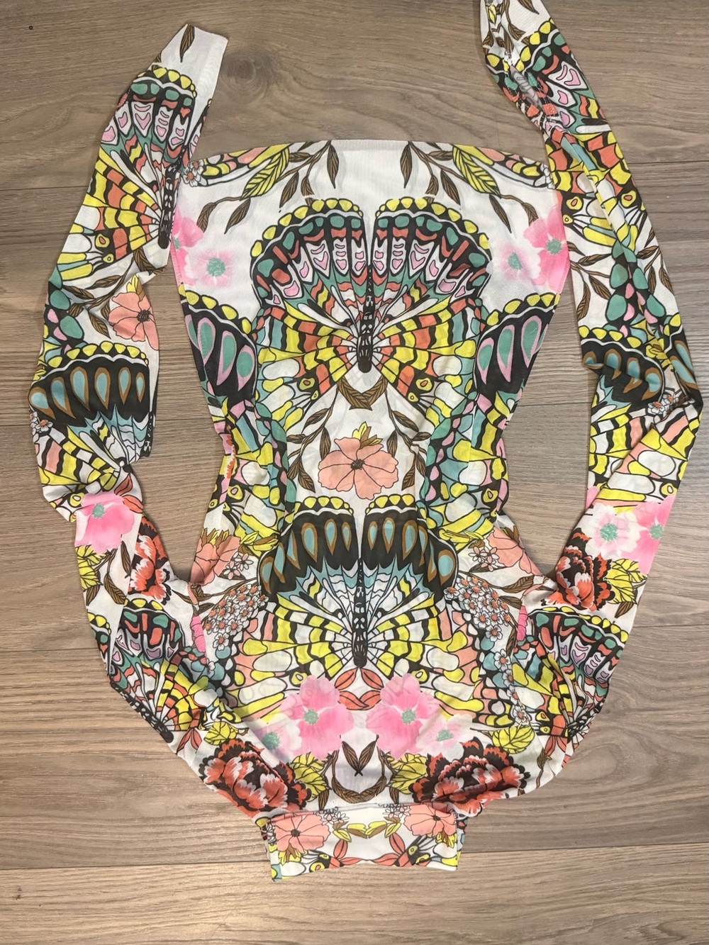 AFRM Multicolor Floral & Butterfly Long Sleeve Bodysuit - White/Pink/Yellow